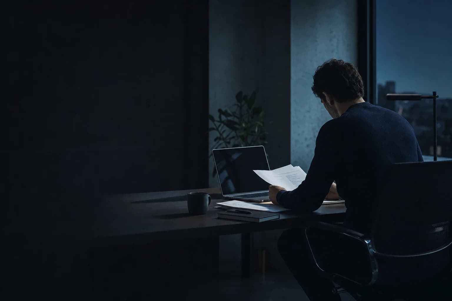 An owner reviewing the day’s work at a desk in a quiet, blue-lit office
