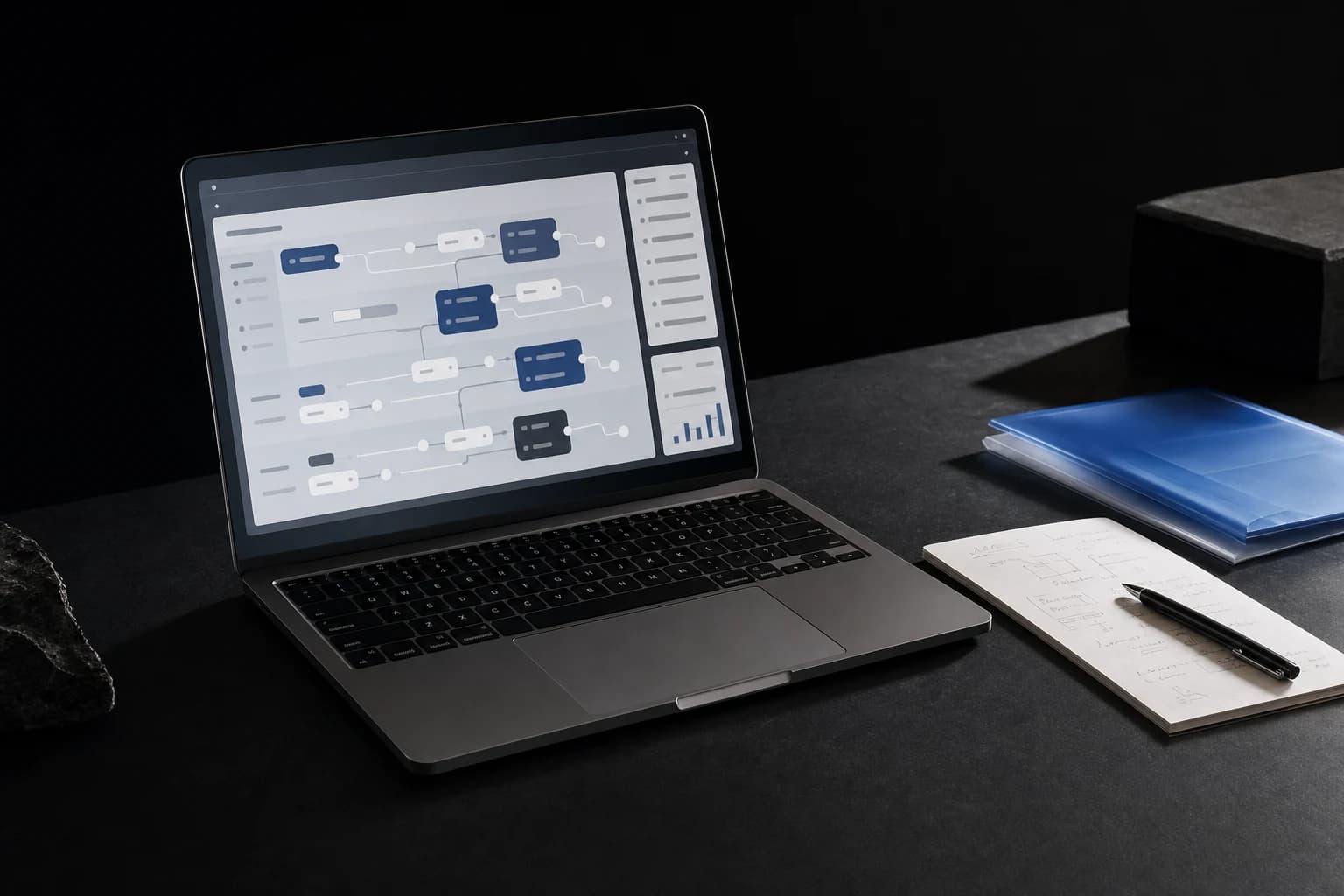 A laptop showing an abstract workflow screen beside notes and a pen